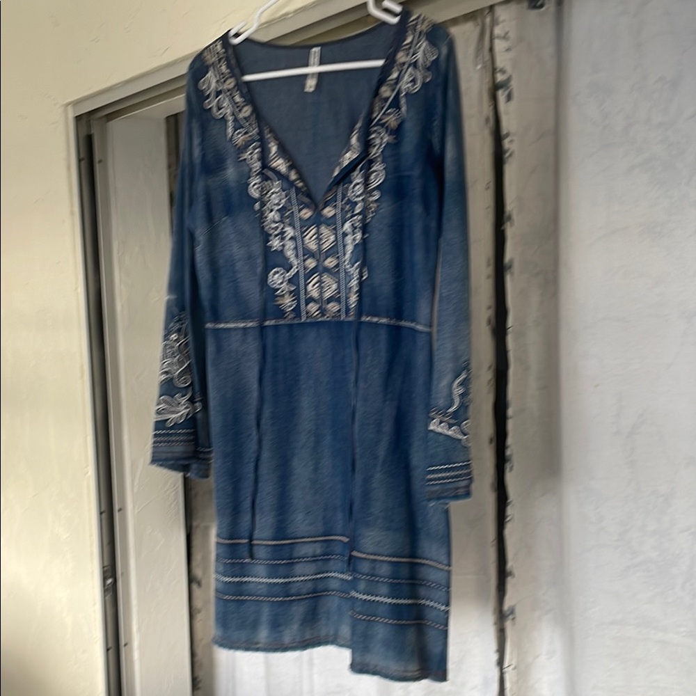 Blue Denim V-Neck Dress with Embroidery
